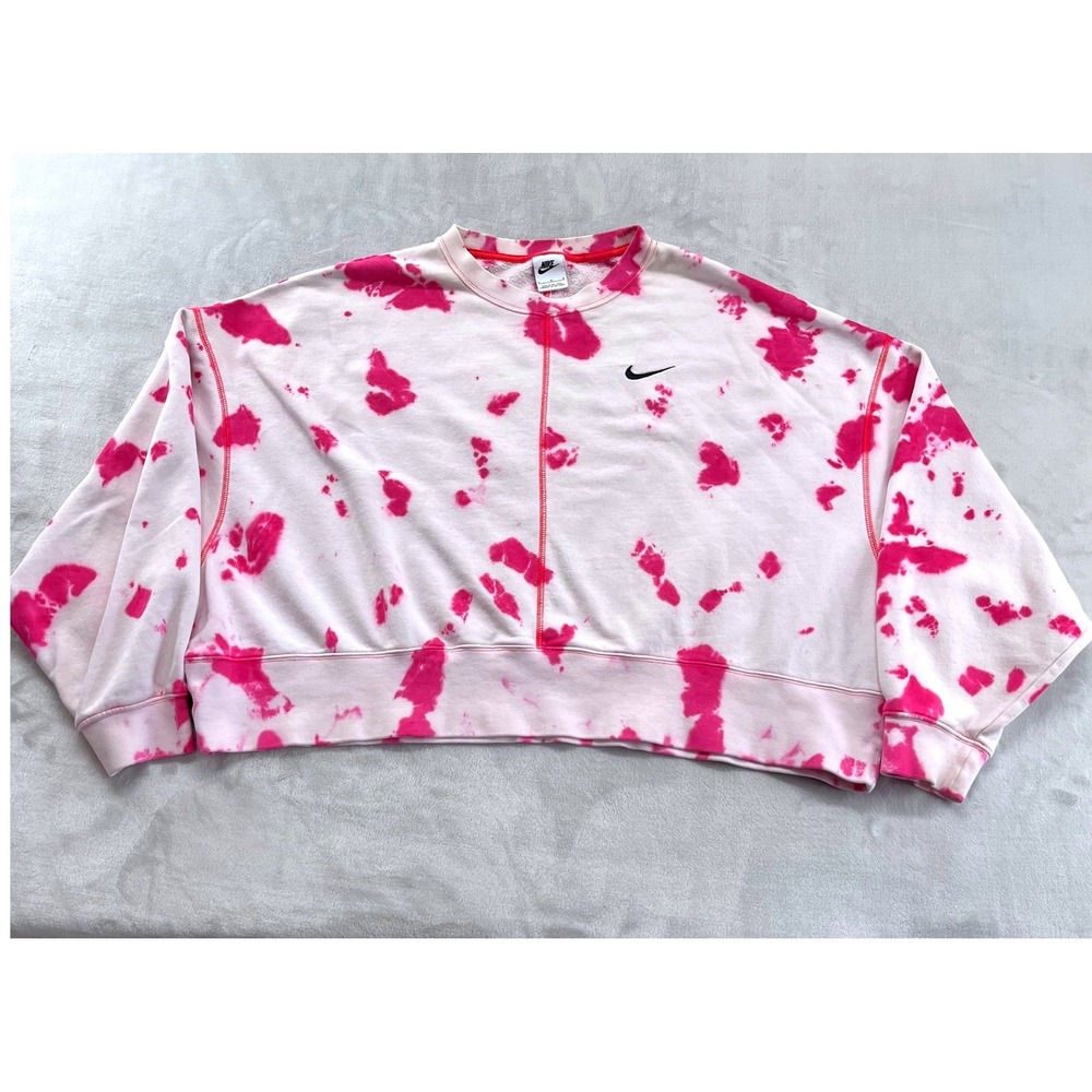Nike Cropped Sweatshirt Women Large Pink Tie Dye Fleece Swoosh Outdoor Preppy